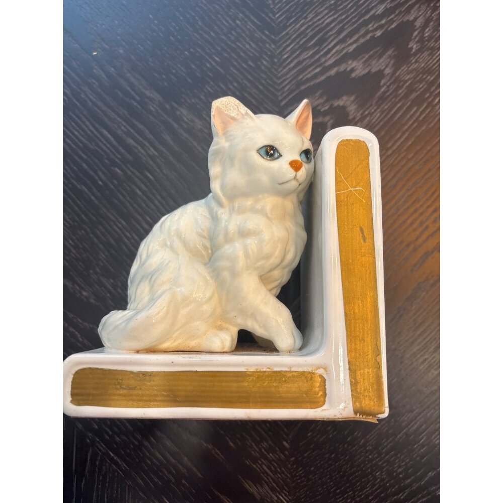 Vintage Lefton White Persian Cat Ceramic Bookend With Gold Accents - H518 - Whit